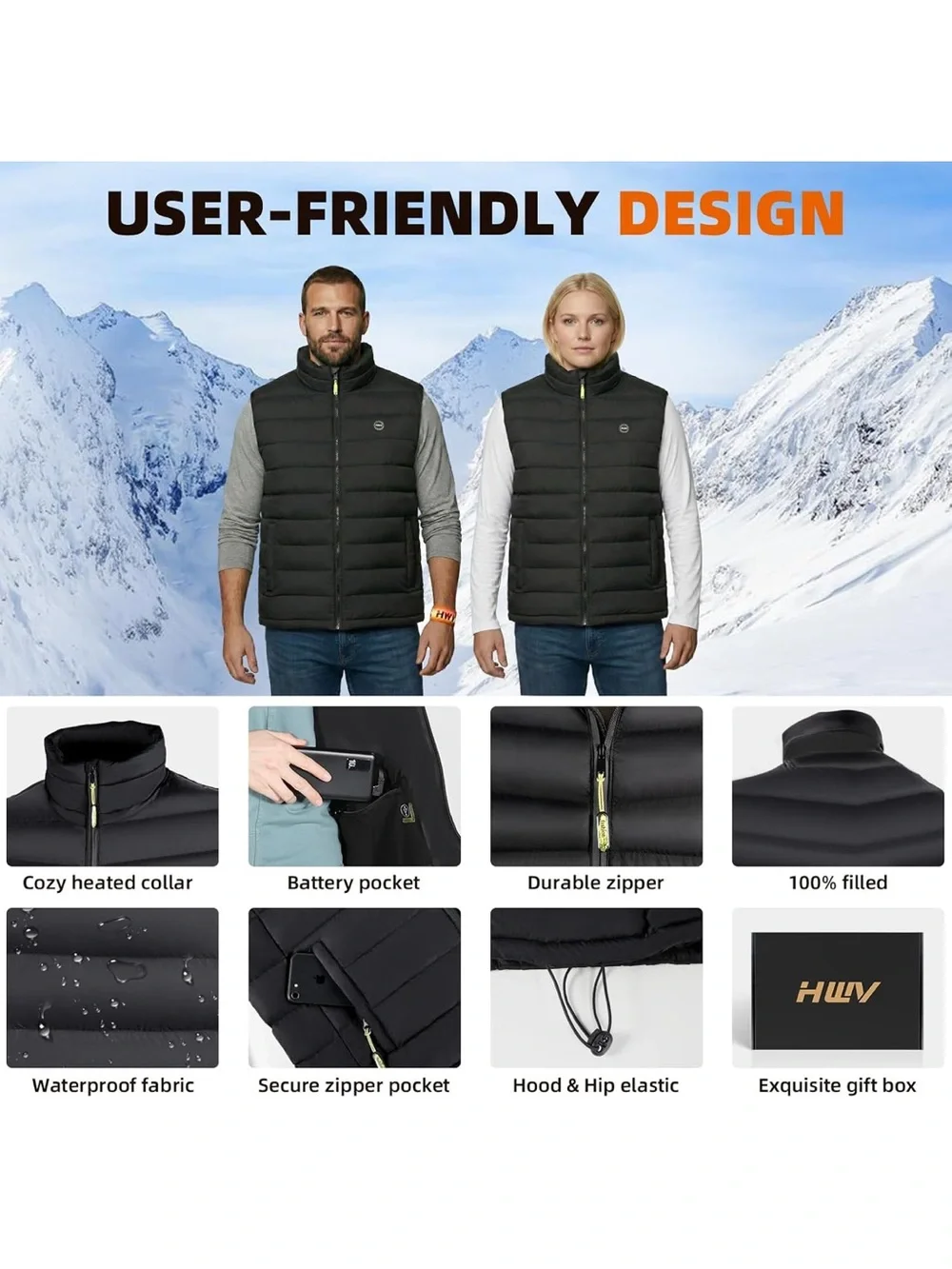 HWV Heated Vest unisex Rechargeable With 10000mAh Battery. 2244/C-5